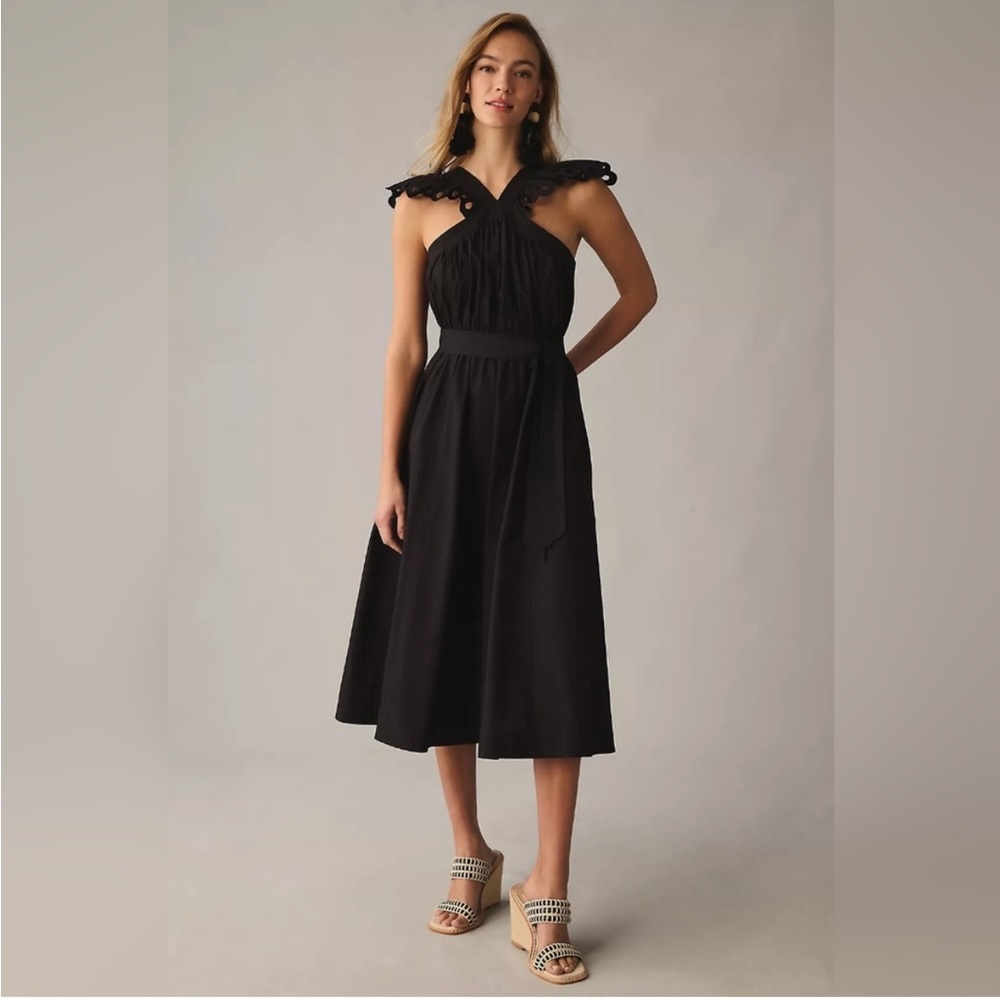 NWT En Saison Crista Ruffle Eyelet Halter A Line Midi Dress XS Petite